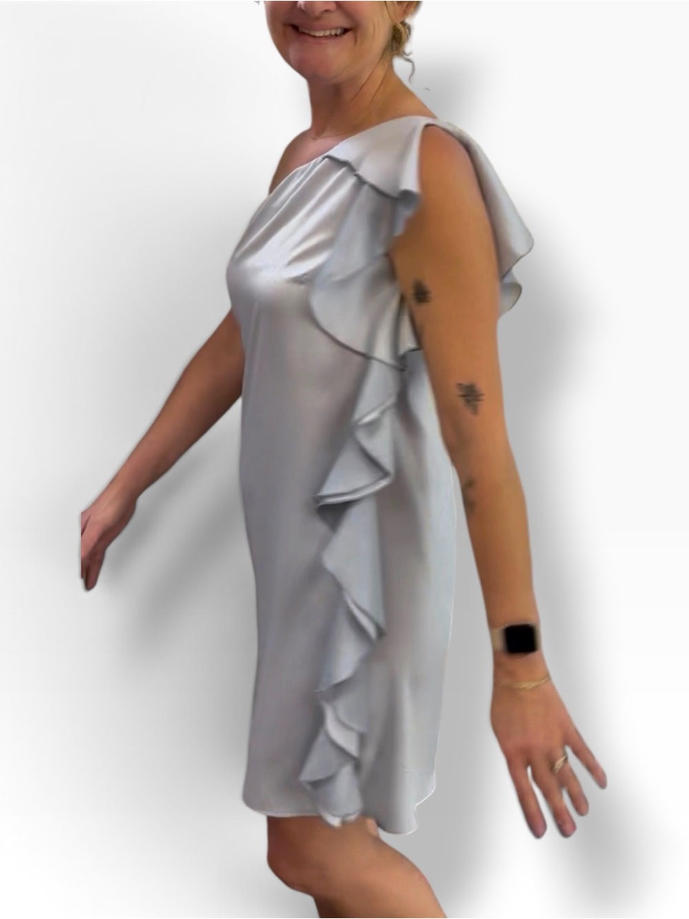 B-YU Italy Cocktail Dress One-Shoulder Ruffle Shift Silver Gray Ice Blue satin S
